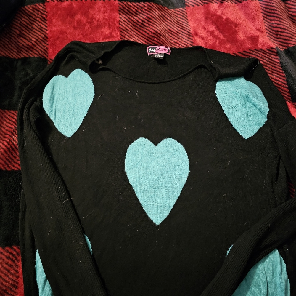 Black Sweater with Teal Heart Pattern - Women's Size Large